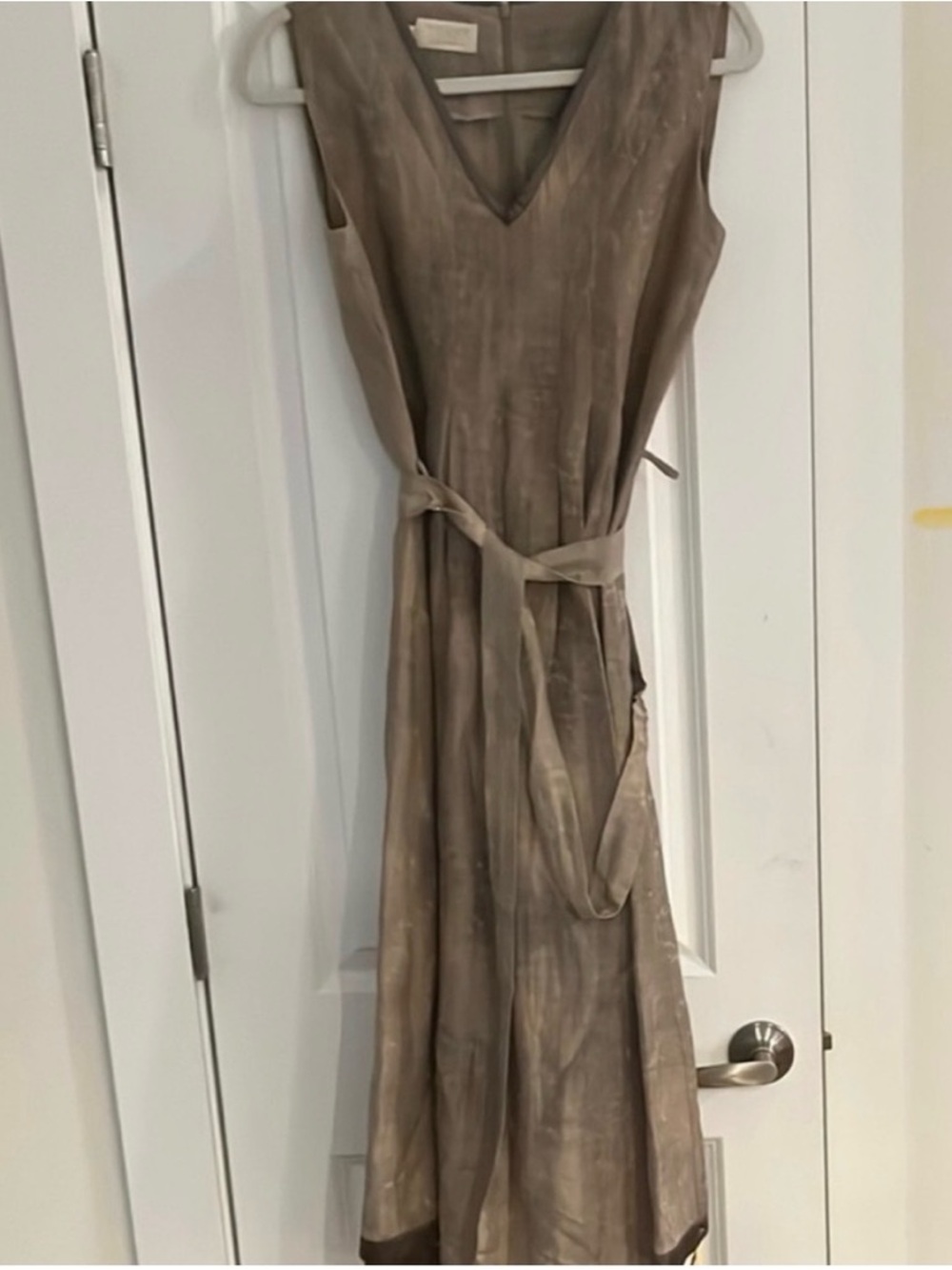 Silk V-Neck toast Sleeveless Midi Dress in Taupe with Waist Tie